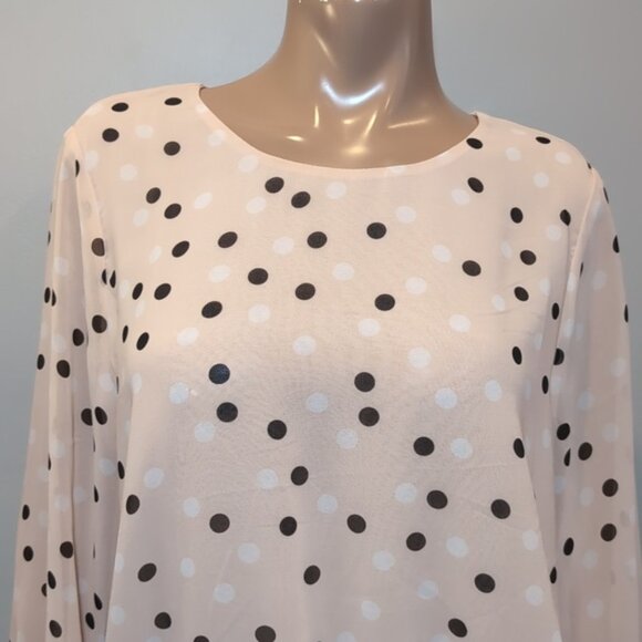 Adrianna Papell Polka Dot Blouse Sheer Layered Bell Flare Sleeve Smocked Hem Top - Picture 2 of 11